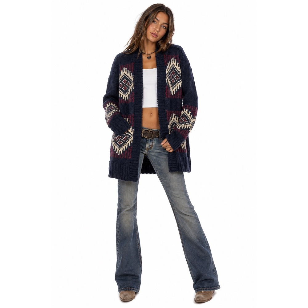 Hollister Fair Isle Geometric Knit Open Front‎ Cardigan Sweater Navy Burgundy XS
